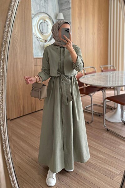 Ka Hijab Gömlek Yaka Kuşaklı Poplin Elbise - Yeşil