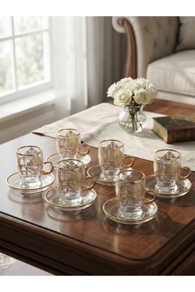 SQUALO طقم كاسات شاي تركي – 6 حبات بنقوش ذهبية مع أطباق