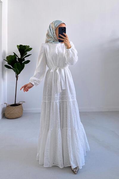 Ka Hijab Kuşaklı Fisto Elbise - Beyaz