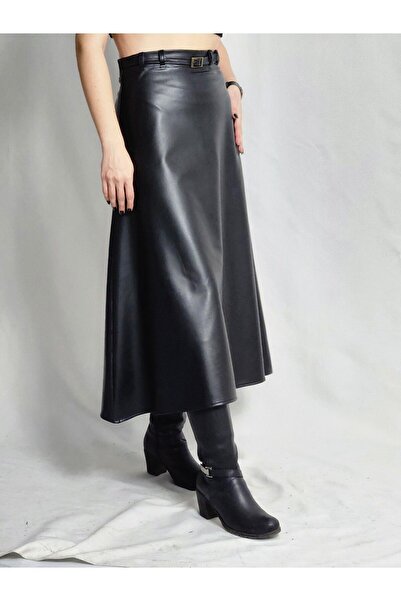 YAXİ Černá kožená sukně - midi délka, detail pásku