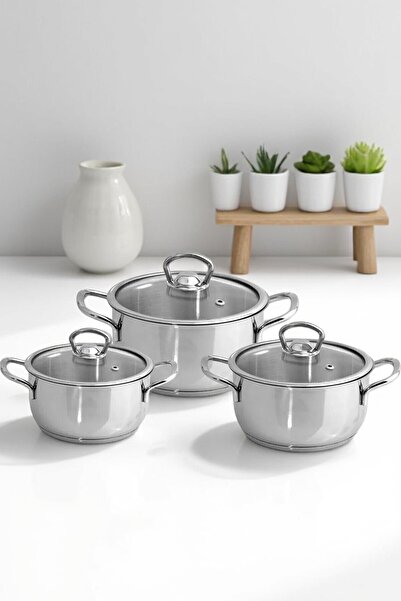 Evse Mutfak Sanatı Çelik İndiksiyon Tabanlı Mini Tencere Seti 14 - 16 -18 CM