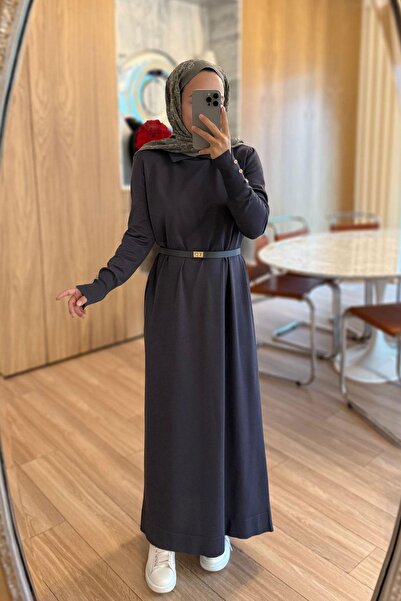 Ka Hijab Belted Shirt Collar Mercerized Dress - Smoked