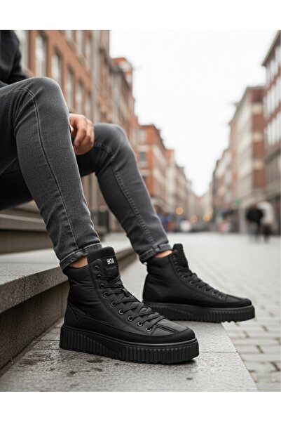 BOA BA0811 BOA Yüksek Siyah Taban Siyah Paraşüt Kumaş Cilt Detaylı Yarım Bilek Spor Bot