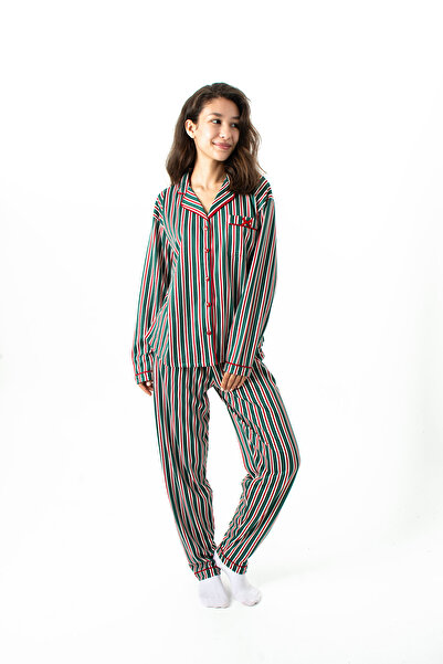 Ecrou Women's Green Striped New Start Peter Pan collar Long Sleeve Trouser Pajama Set