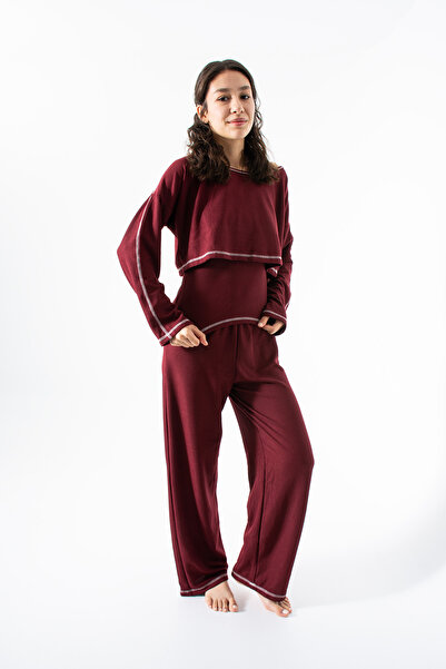 Ecrou Women's Burgundy Waffle 3-Piece Long Sleeve Pants Pajama Set