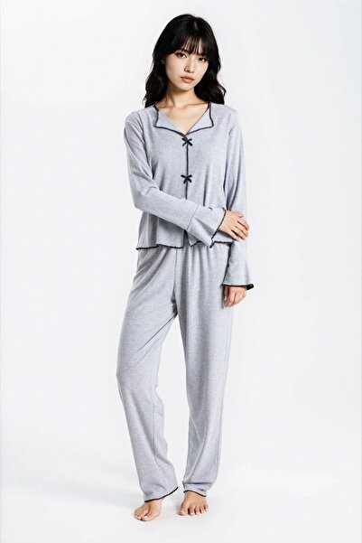 Ecrou Set de pijamale pentru femei, gri Melange, cu tricotaj cu striații texturi, Seoul, cu mâneci lungi