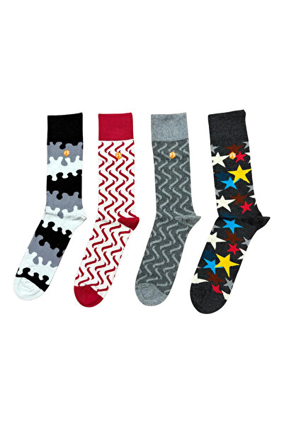 Mugan Renkli Günlük Desenli Pamuklu Dikişsiz Erkek Çorabı (4 ÇİFT)