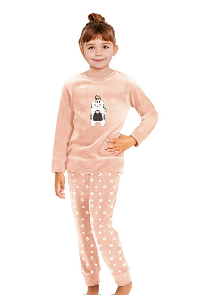 DOFİ Комплект пижама с шарка на котка и супер мека за момичета - сьомга dofi_08