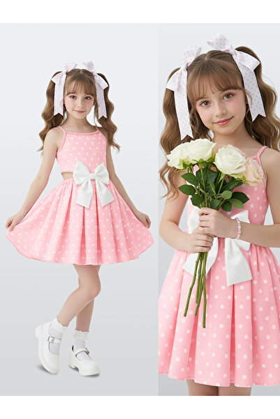 Denokids Φόρεμα για κορίτσια Βαμβακερό ποπλίνα ροζ λευκό πουά με μεγάλο φιόγκο Λεπτομερές Άνοιξη Καλοκαίρι Σεζόν 4-8 ετών