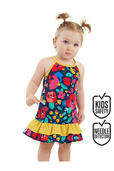 Denokids Çiçekli Kız Bebek Poplin Pamuklu Yazlık Askılı Elbise