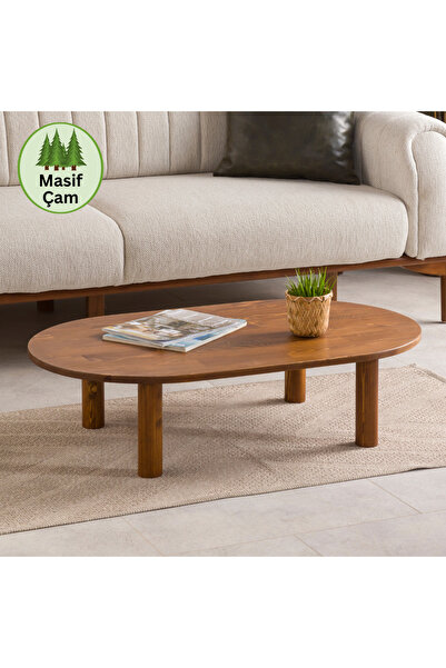furnirem Masif Çam Ahşap Oval Orta Sehpa | Modern Salon Sehpası | 76x45 cm Ceviz