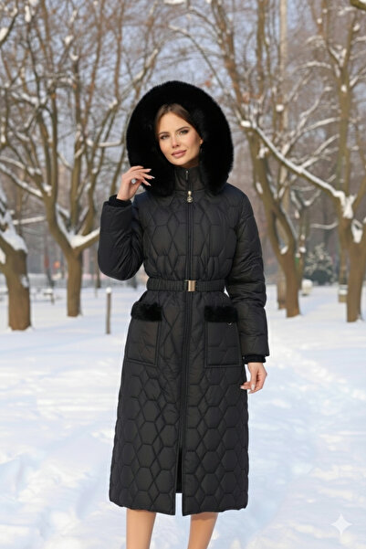 Mucit Manda Kadın Uzun Kışlık Kapitone Palto – Çıkarılabilir Kürklü Kapüşonlu...