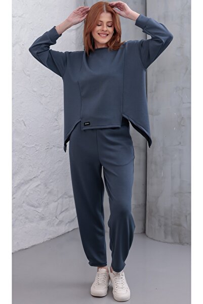 MAG FASHİON Anthracite Top and Bottom Set Asymmetrical Posture Pants with Pleated Detail on the Leg Oşho Fabric