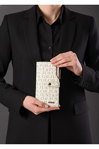 Just Polo محفظة نسائية بنية اللون بسعة 20 بطاقة منقوشة ومطبوعة بسحاب وسحاب للإغلاق
