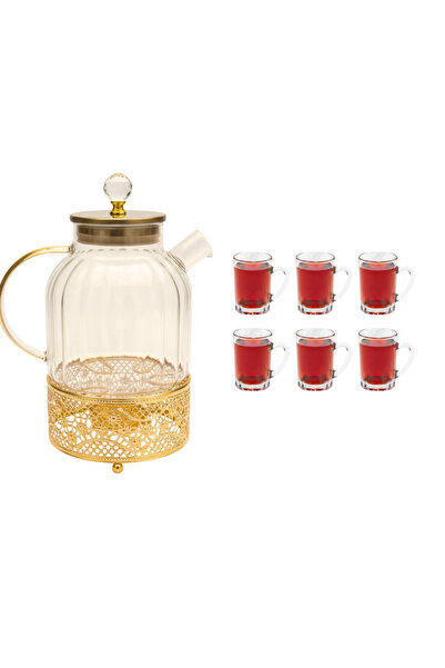 mawfoor طقم عدة شاي مكون من ابريق زجاج 1.5L + قاعدة تسخين ذهبيه