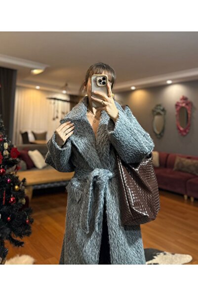 LUJJE معطف فرو طويل موديل كاش-رمادي