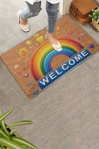 Valerine Life سجادة ترحيبية أمام الباب مع رمز تعبيري على شكل قوس قزح وقاعدة مضادة للانزلاق مقاس 45 × 70 سم
