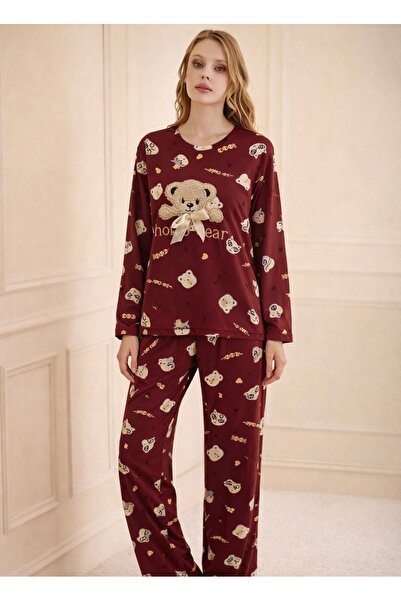 Mihra Burgundy Teddy Bear Patterned Pajama Set – Soft Textured and Stylish Lo...