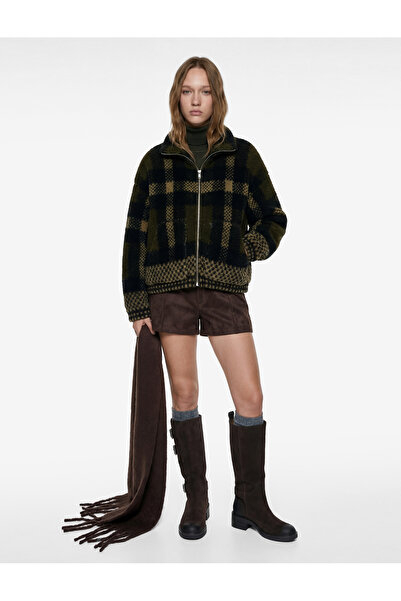 Koton Mock Neck Plaid Cardigan with Zipper