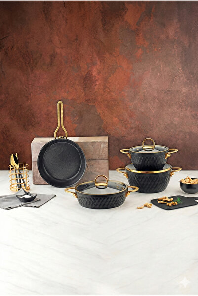 ÖZLİFE İNCİ 7 Parça Granit Tencere Seti Siyah