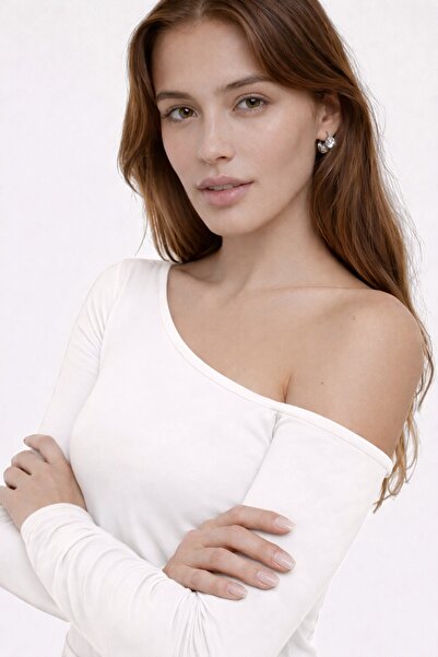 Baluxe Bluză din bumbac cu un singur umăr, cu guler asimetric, ecru