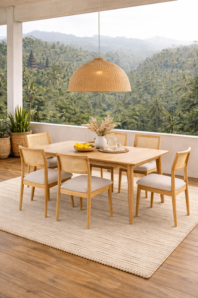 Lif Mobilya 6 Kişilik Hasır Sandalye Yemek Takımı MDF Masa Ahşap Ayak