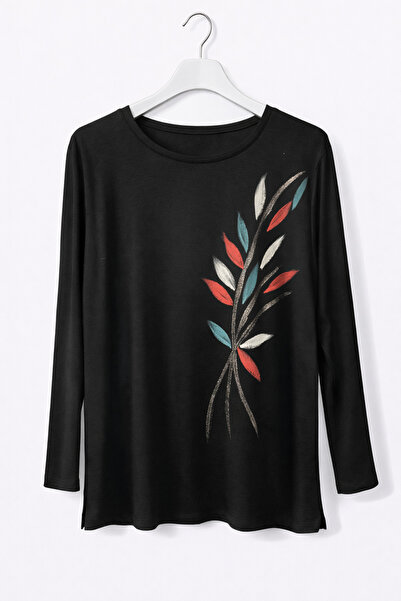 günay boutıque Plus Size Black Long Sleeve Mom's Blouse – Colorful Leaf Patte...
