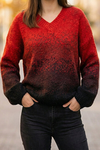 Robin T95130 V Yaka Renk Geçişli Kalın Oversize Kadın Triko Kazak