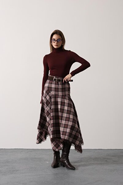 SHUR BOUTİQUE Ekose Desenli Asimetrik Kesim Fermuarlı Etek (Kemer Hediyeli)