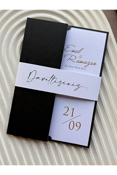 emindijital Siyah Zarflı Kuşaklı Nişan, Nikah, Kına, Düğün Davetiyesi 50 Adet