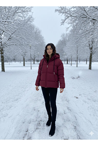 alieva Kadın Bordo Oversize Kesim Kapüşonlu Şişme Mont