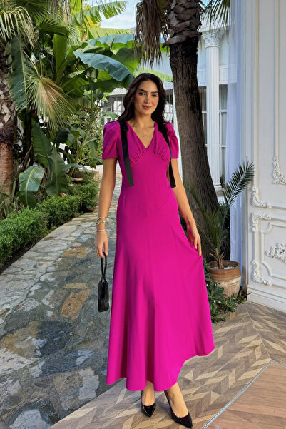 Sindimoda Sienna V Yaka Omuz Detaylı Midi Elbise 9357