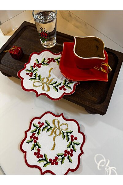 Tly Home Textiles Christmas Bow Embroidered Coffee Presentation Napkin Set of 2 – 15X15 cm