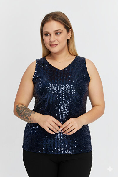 RMG Sequined Plus Size Zero Sleeve Navy Blue Blouse