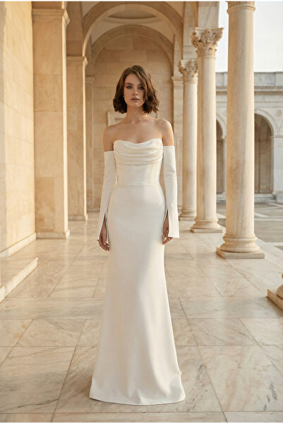 Hazal En Blanc Drapeli Yırtmaç Kol Detaylı Nikah Elbisesi, Kırık Beyaz, Astarlı Kalem Etek, Mira