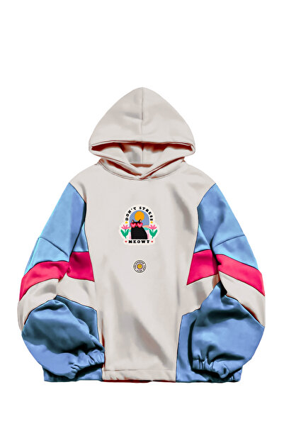 melongeneco Don’t meow baskılı renk mixli bej sweat oversıze hoodie sweatshir...