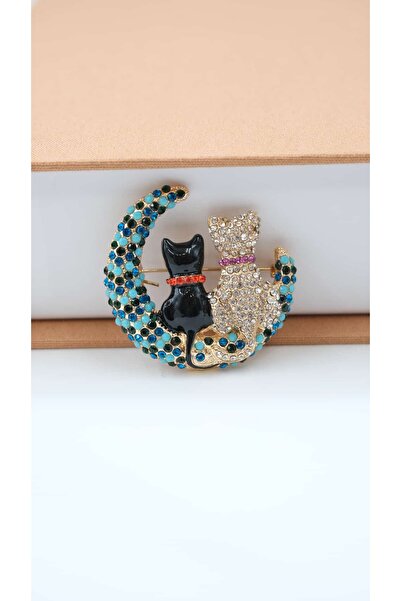 Jerie Zirkon Taş İkili Kedi ve Ay Broş