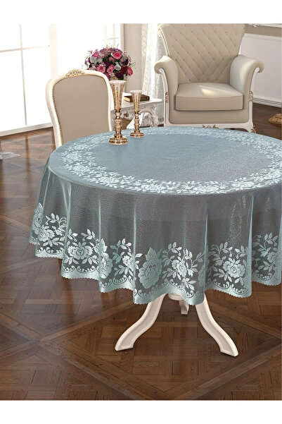 Narin Örme Pano Desenli Masa Örtüsü 160cm Yuvarlak Gül Desen Turkuaz