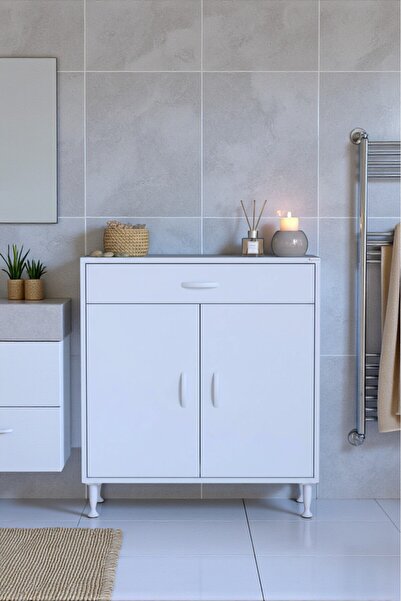 Eliusta Taha 70 cm 3 Bölmeli Beyaz Çok Amaçlı Dolap 2 Raflı Banyo Mutfak Dola...