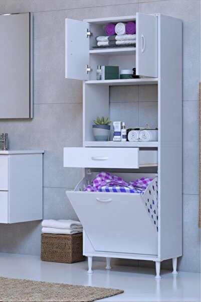 Eliusta Seris Sepetli ve Çekmeceli Banyo Dolabı G:55 cm Çok Amaçlı Beyaz Düze...