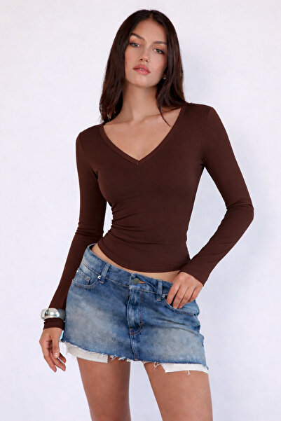 ÖZ PAMUK V Yaka Basic DÜZ Kumaş Uzun Kollu Likralı Bluz