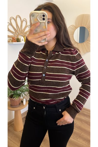 Nihanello Butik Polo yaka çizgili kazak