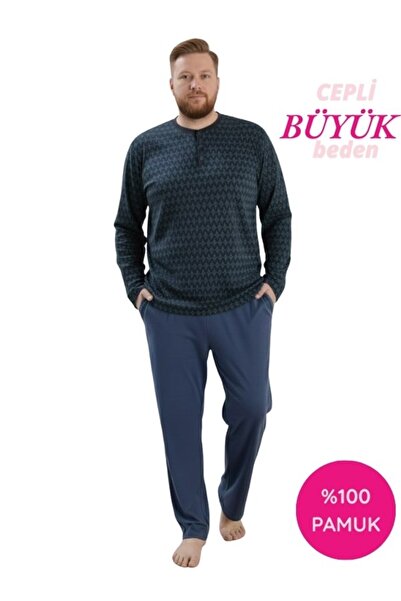 seamlife Men's Plus Size Crew Neck 3-Button Transitional Long Sleeve Pajama Set