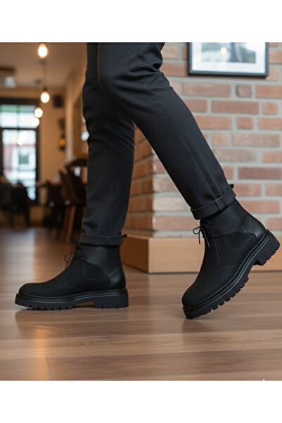 ATA AYAKKABI 510 Black Boots Genuine Leather Men's Daily Light Sole Orthopedic Lace-Up Boots