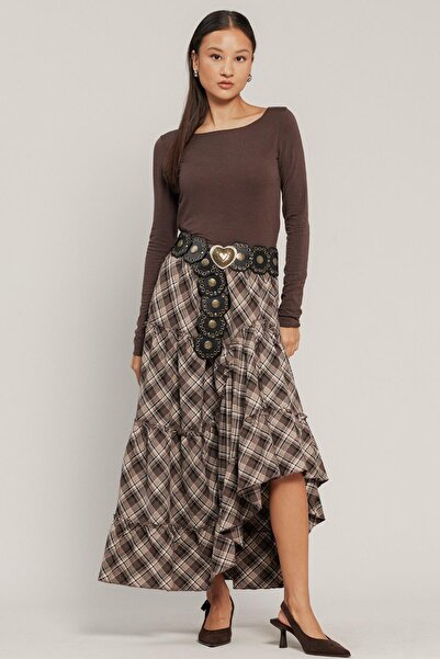 Olcay Ruffled Plaid Skirt A.Brown 7067
