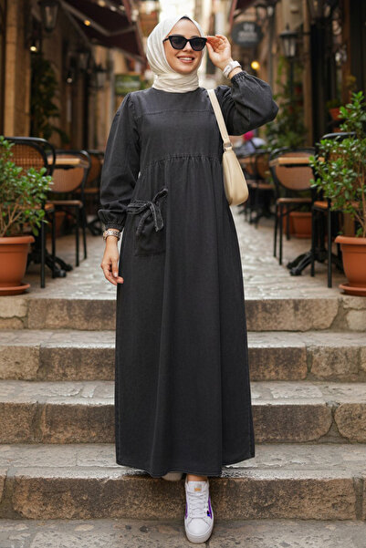 N.S NEVA STYLE فستان دينم أسود بتفاصيل جيب 19160S