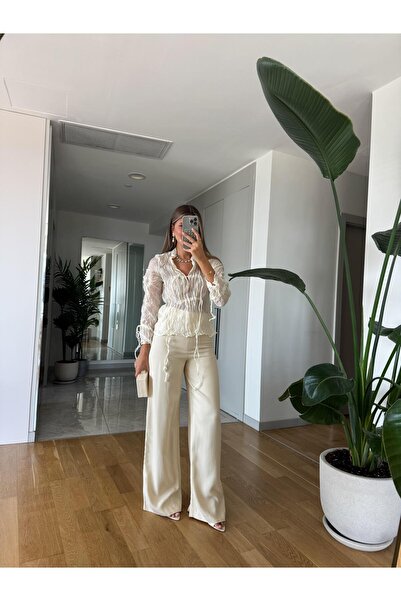 MERVE AKSOY Zr Saten Dokulu Palazzo Pantolon - Ekru