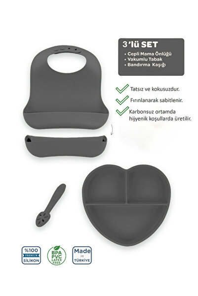 Moki Silikon Beslenme Seti 3'lü Platinium Gri / Mama Tabağı, Mama Önlüğü, Ban...
