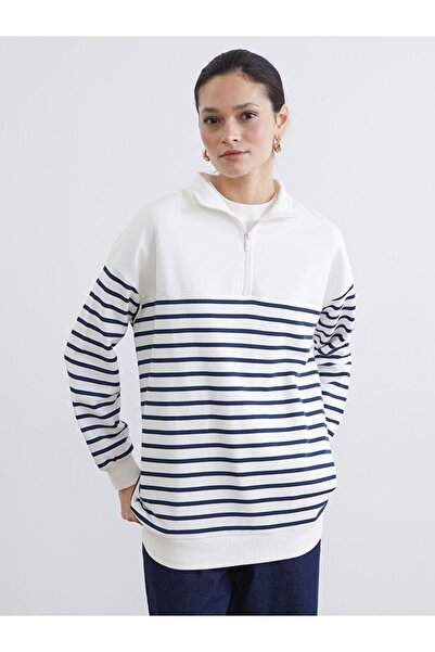 LC Waikiki Lcw Modest Mock Neck Striped Women's Thick Sweatshirt Tunic