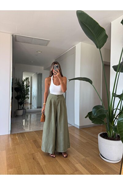 MERVE AKSOY Axel Bol Paça Keten Dokulu Pantolon - Haki